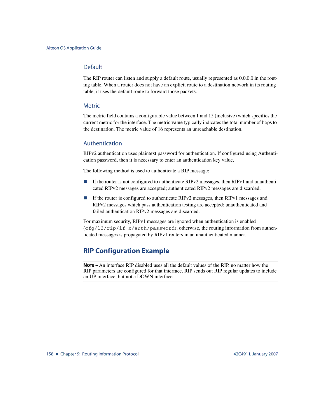 Nortel Networks 42C4911 manual RIP Configuration Example, Default, Metric, Authentication 