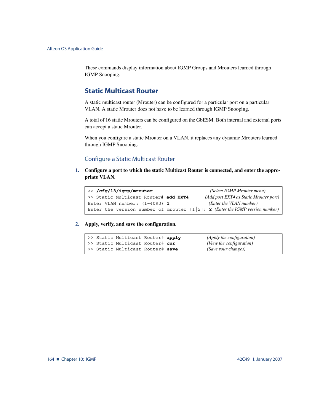 Nortel Networks 42C4911 manual Configure a Static Multicast Router, Apply, verify, and save the configuration 