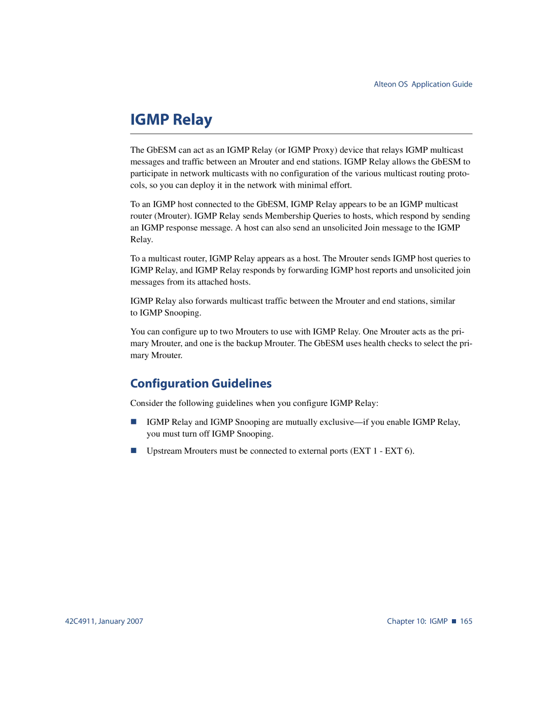 Nortel Networks 42C4911 manual Igmp Relay, Configuration Guidelines 