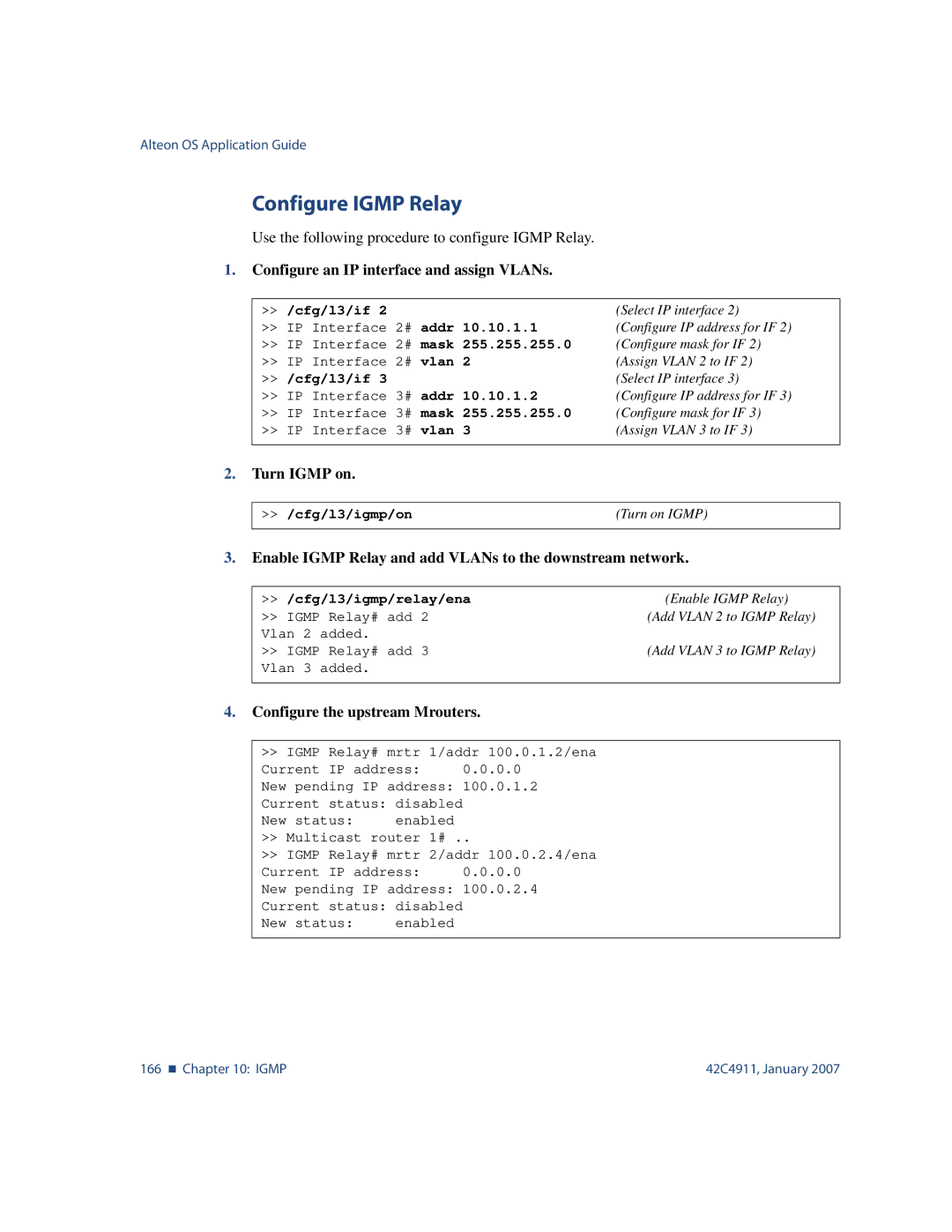 Nortel Networks 42C4911 manual Configure Igmp Relay, Configure an IP interface and assign VLANs, Turn Igmp on 