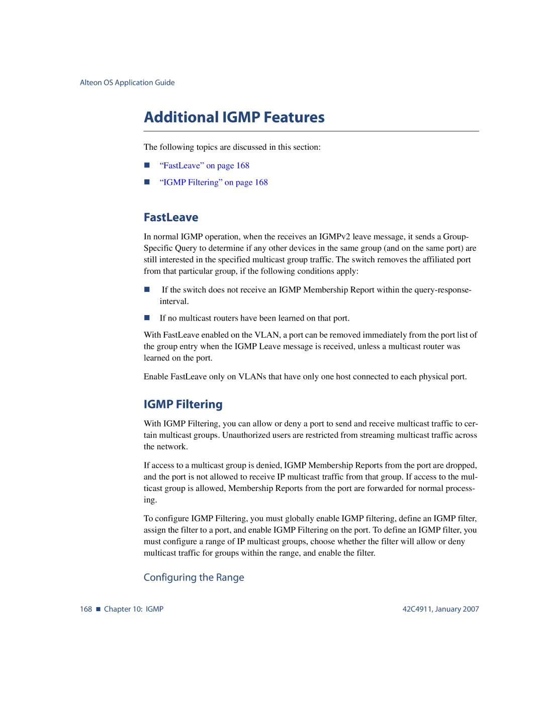 Nortel Networks 42C4911 manual Additional Igmp Features, FastLeave, Igmp Filtering, Configuring the Range 