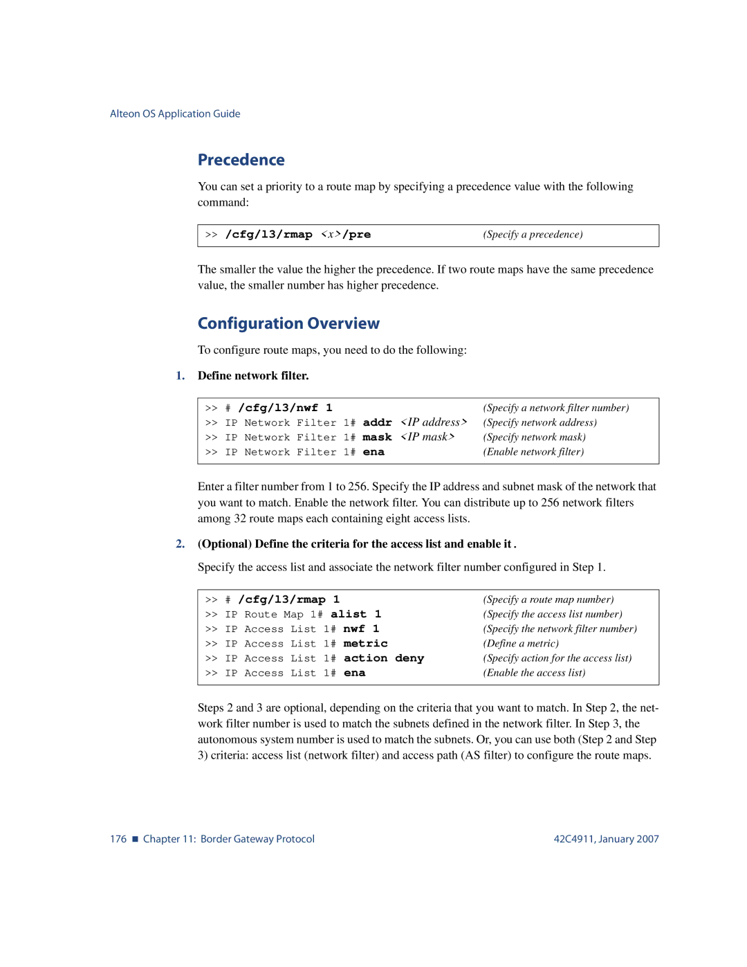 Nortel Networks 42C4911 manual Precedence, Configuration Overview, Define network filter 