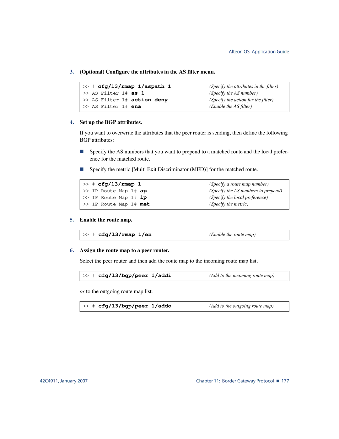 Nortel Networks 42C4911 manual Optional Configure the attributes in the AS filter menu, Set up the BGP attributes 