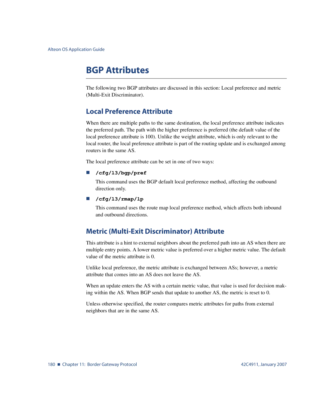 Nortel Networks 42C4911 manual BGP Attributes, Local Preference Attribute, Metric Multi-Exit Discriminator Attribute 