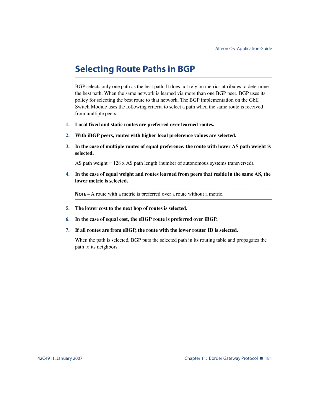 Nortel Networks 42C4911 manual Selecting Route Paths in BGP 