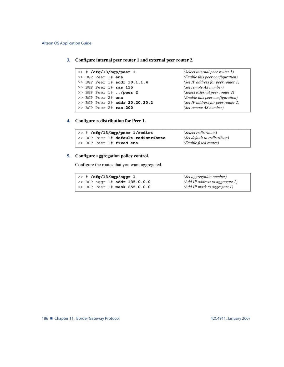 Nortel Networks 42C4911 manual Configure internal peer router 1 and external peer router, Configure redistribution for Peer 