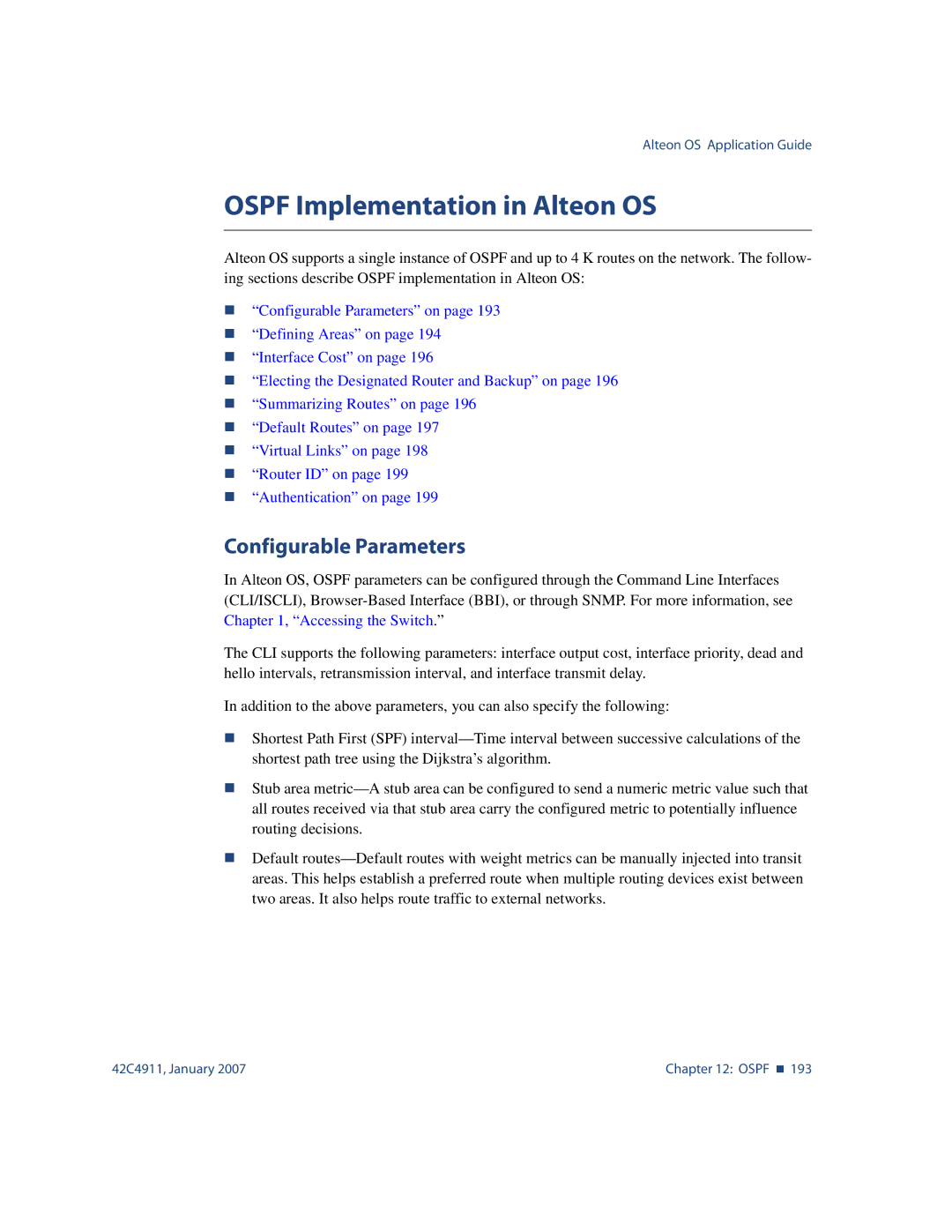 Nortel Networks 42C4911 manual Ospf Implementation in Alteon OS, Configurable Parameters 