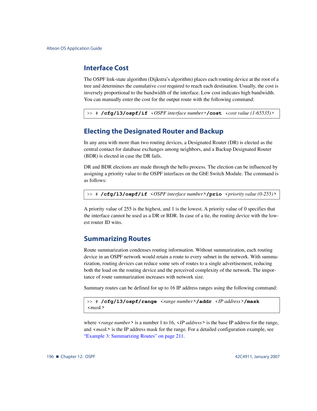 Nortel Networks 42C4911 manual Interface Cost, Electing the Designated Router and Backup, Summarizing Routes 