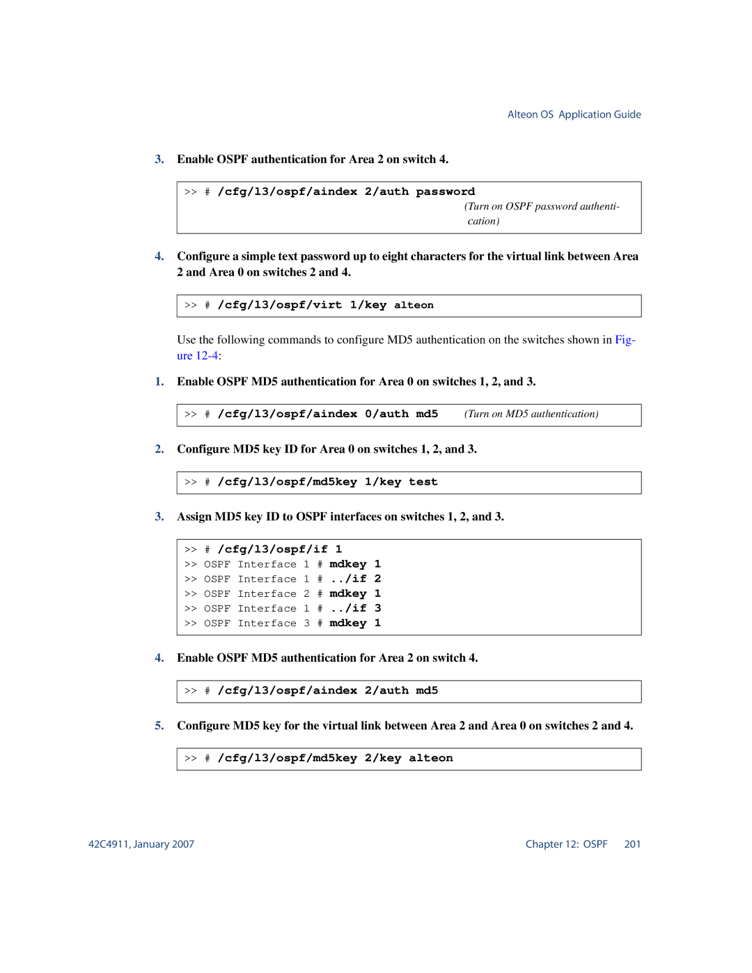 Nortel Networks 42C4911 Enable Ospf authentication for Area 2 on switch, Configure MD5 key ID for Area 0 on switches 1, 2 