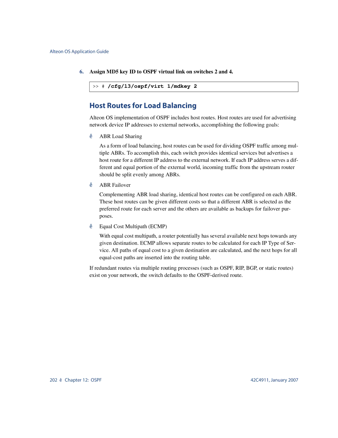 Nortel Networks 42C4911 manual Host Routes for Load Balancing, Assign MD5 key ID to Ospf virtual link on switches 2 