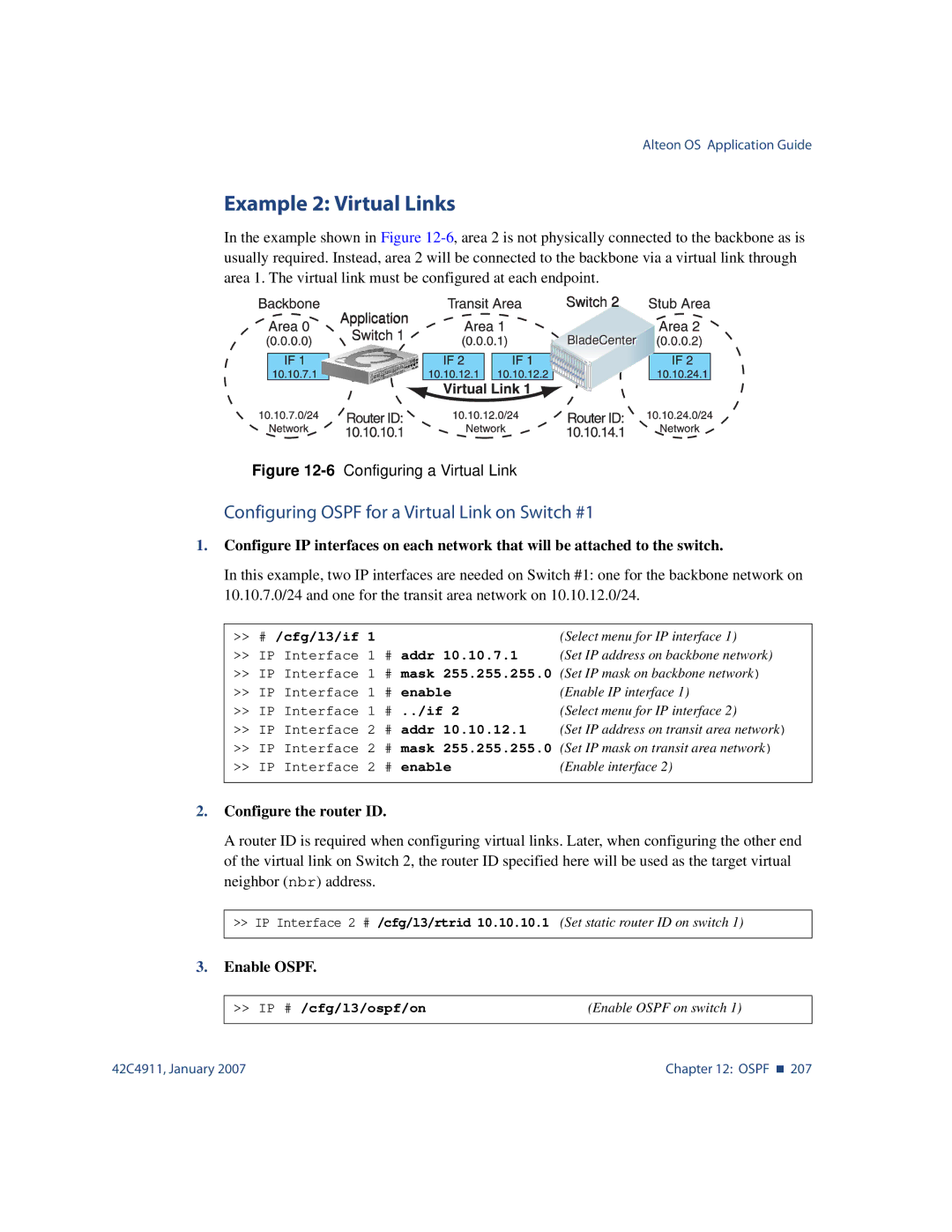 Nortel Networks 42C4911 Example 2 Virtual Links, Configuring Ospf for a Virtual Link on Switch #1, Configure the router ID 