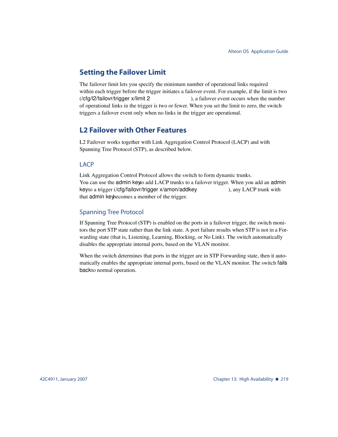 Nortel Networks 42C4911 manual Setting the Failover Limit, L2 Failover with Other Features, Spanning Tree Protocol 