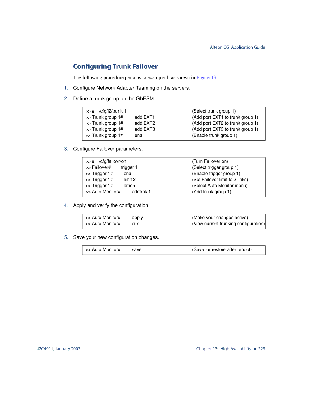 Nortel Networks 42C4911 manual Configuring Trunk Failover, Configure Failover parameters, # /cfg/failovr/on 