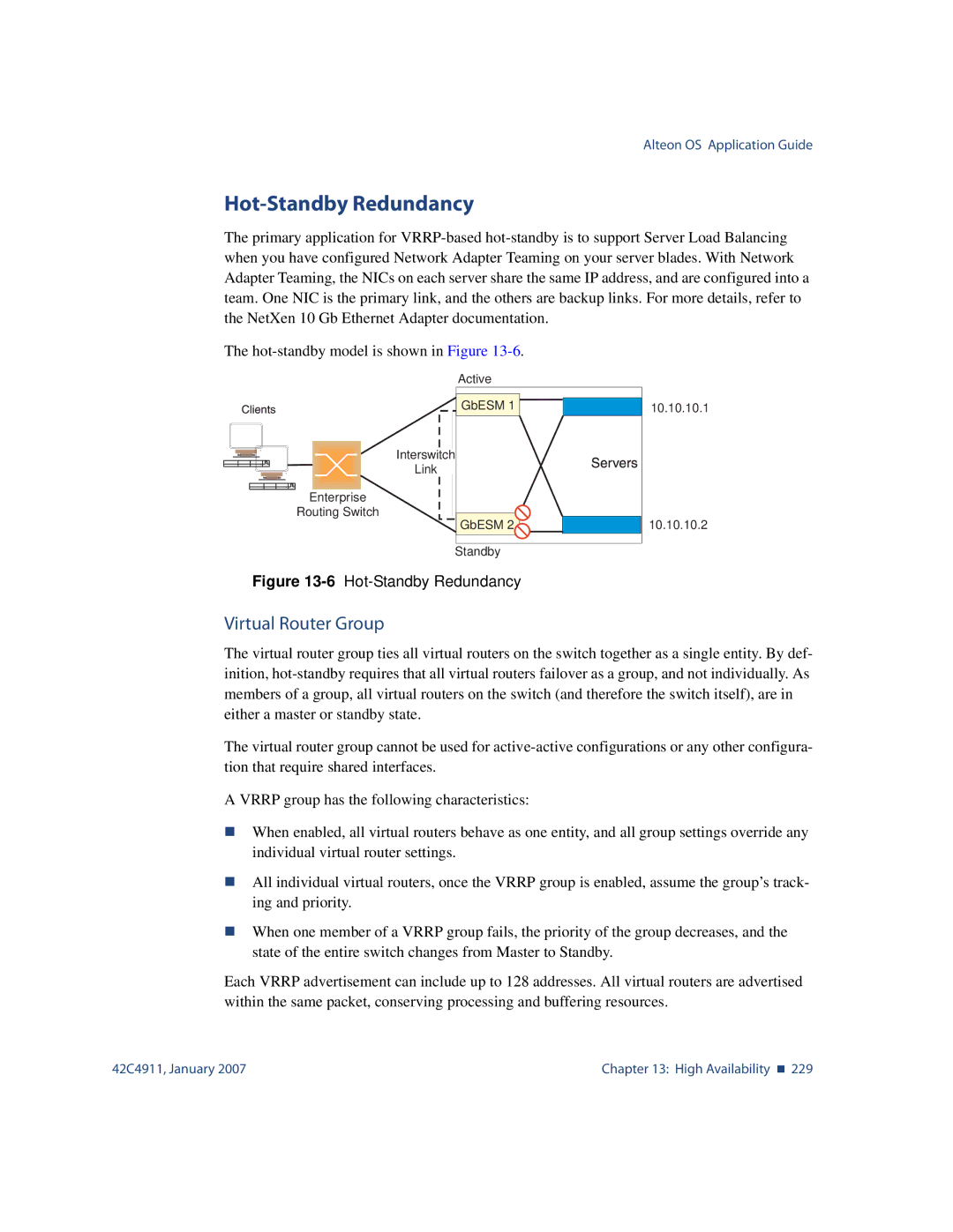 Nortel Networks 42C4911 manual Hot-Standby Redundancy, Virtual Router Group 