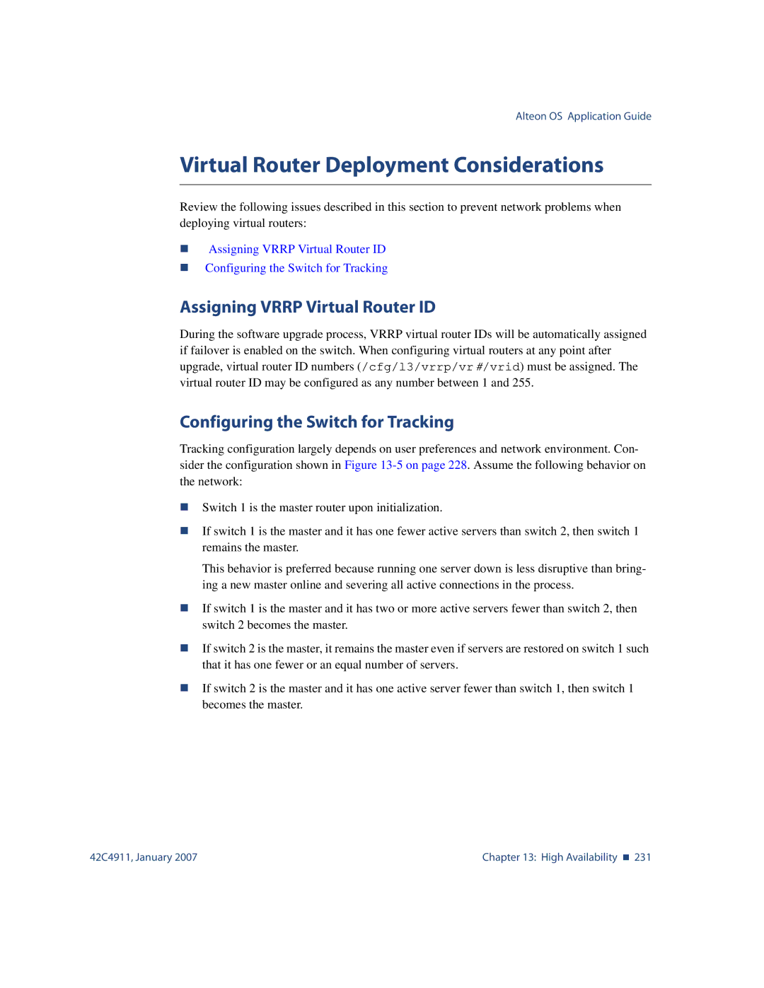 Nortel Networks 42C4911 manual Virtual Router Deployment Considerations, Assigning Vrrp Virtual Router ID 