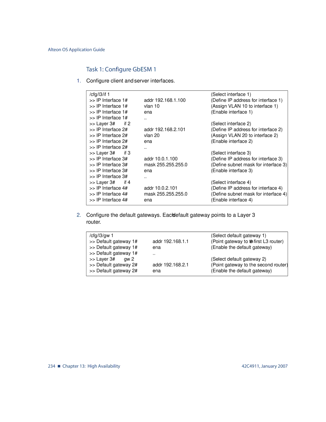 Nortel Networks 42C4911 manual Task 1 Configure GbESM, Configure client and server interfaces 