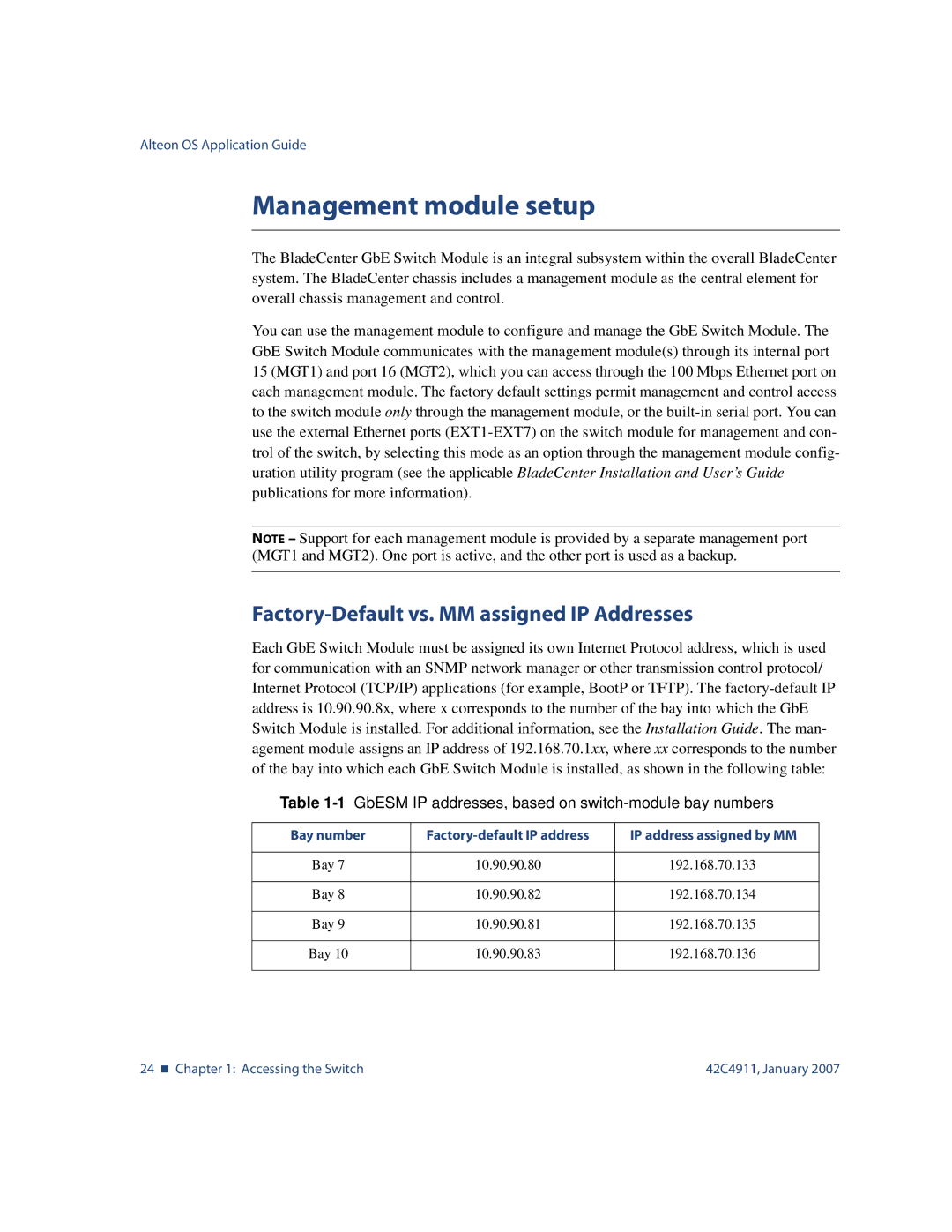 Nortel Networks 42C4911 manual Management module setup, Factory-Default vs. MM assigned IP Addresses 