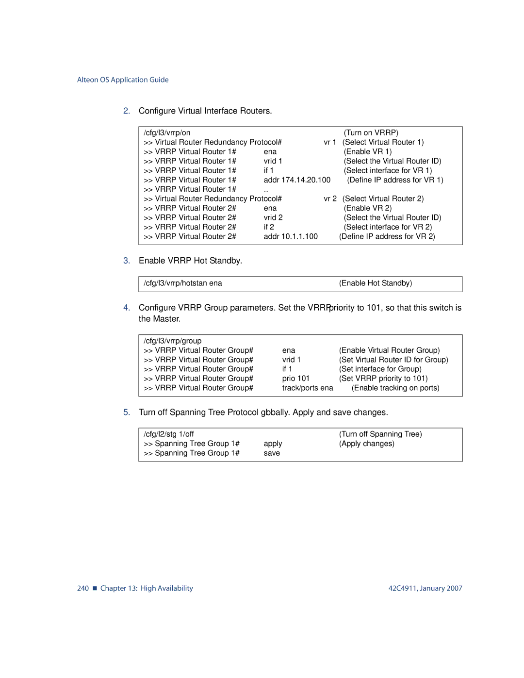 Nortel Networks 42C4911 manual Configure Virtual Interface Routers, Enable Vrrp Hot Standby 