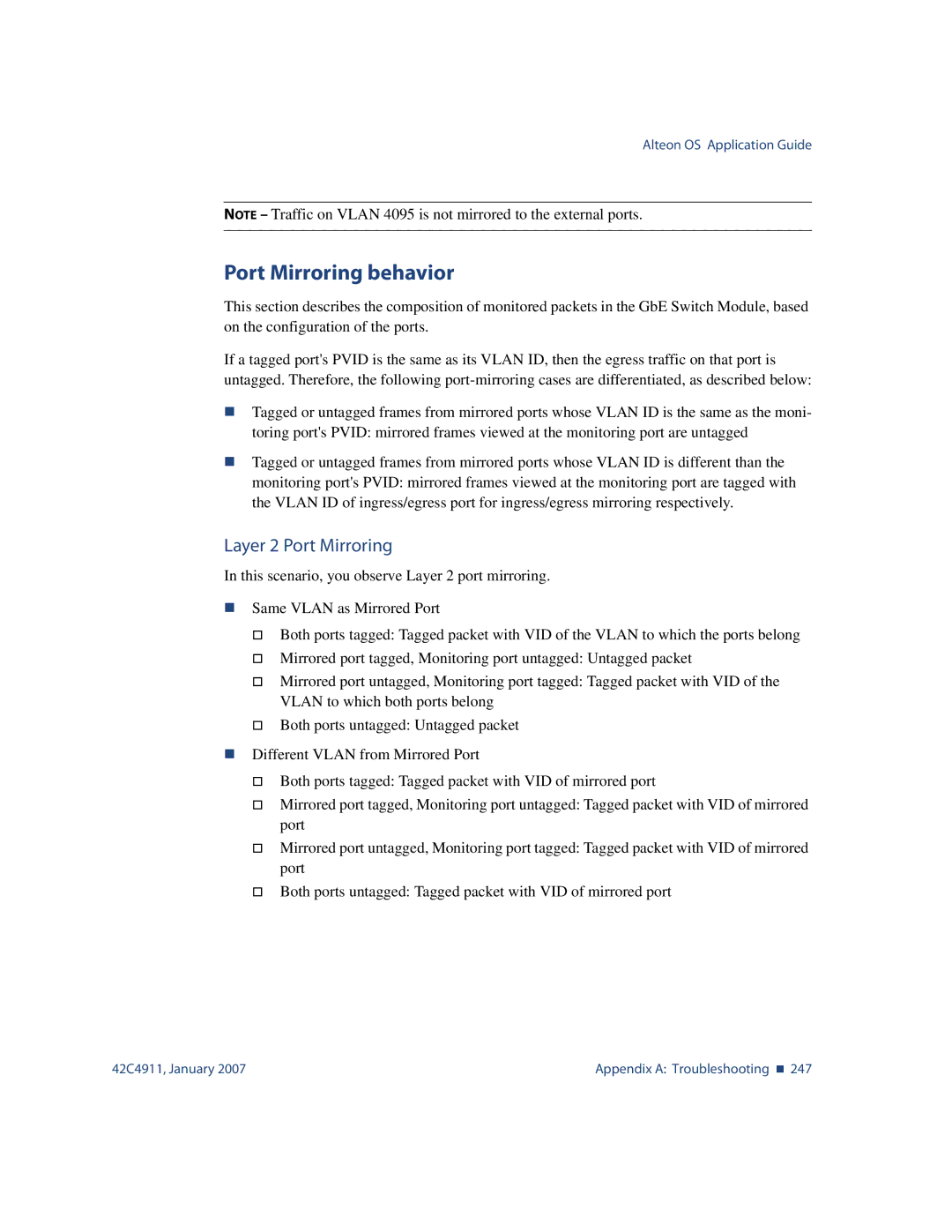 Nortel Networks 42C4911 manual Port Mirroring behavior, Layer 2 Port Mirroring 