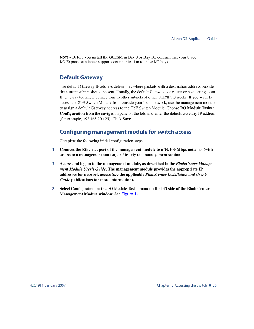 Nortel Networks 42C4911 manual Default Gateway, Configuring management module for switch access 