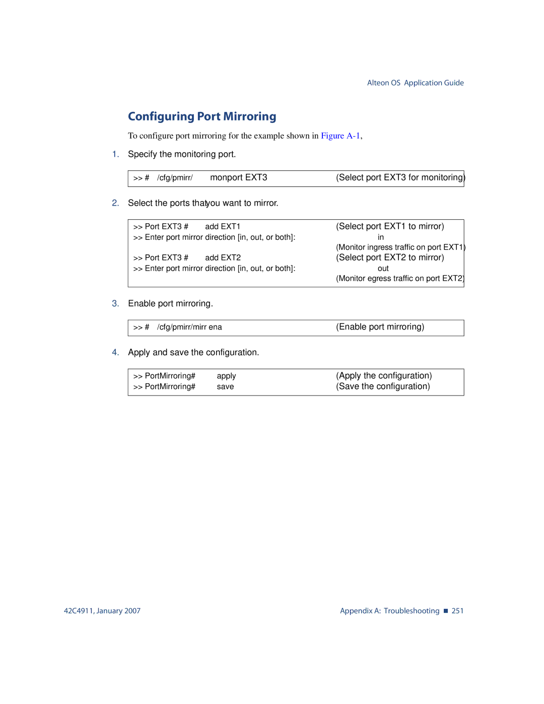 Nortel Networks 42C4911 Configuring Port Mirroring, Specify the monitoring port, Select the ports that you want to mirror 