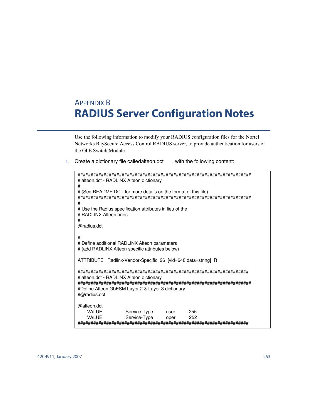 Nortel Networks 42C4911 manual Radius Server Configuration Notes 