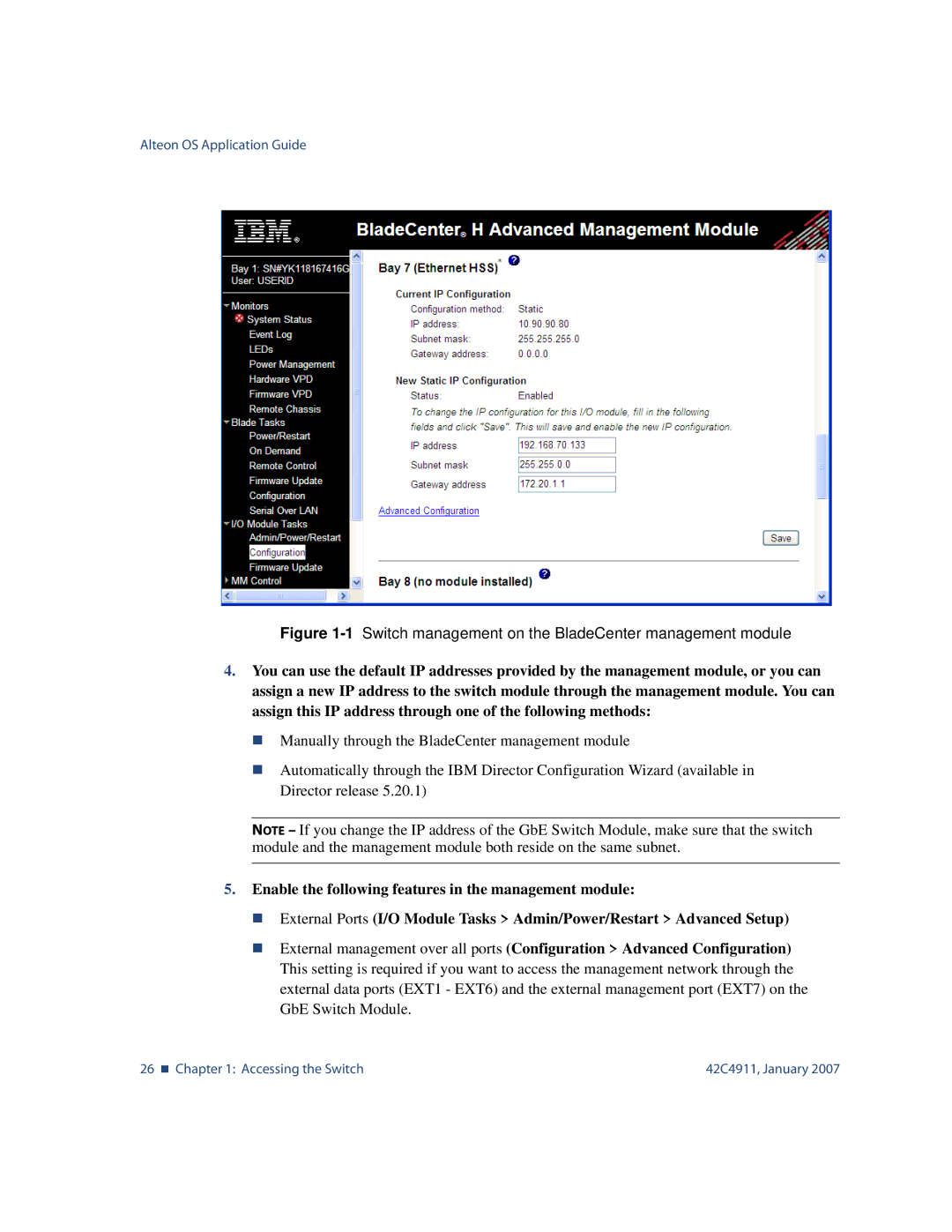 Nortel Networks 42C4911 manual 1Switch management on the BladeCenter management module 