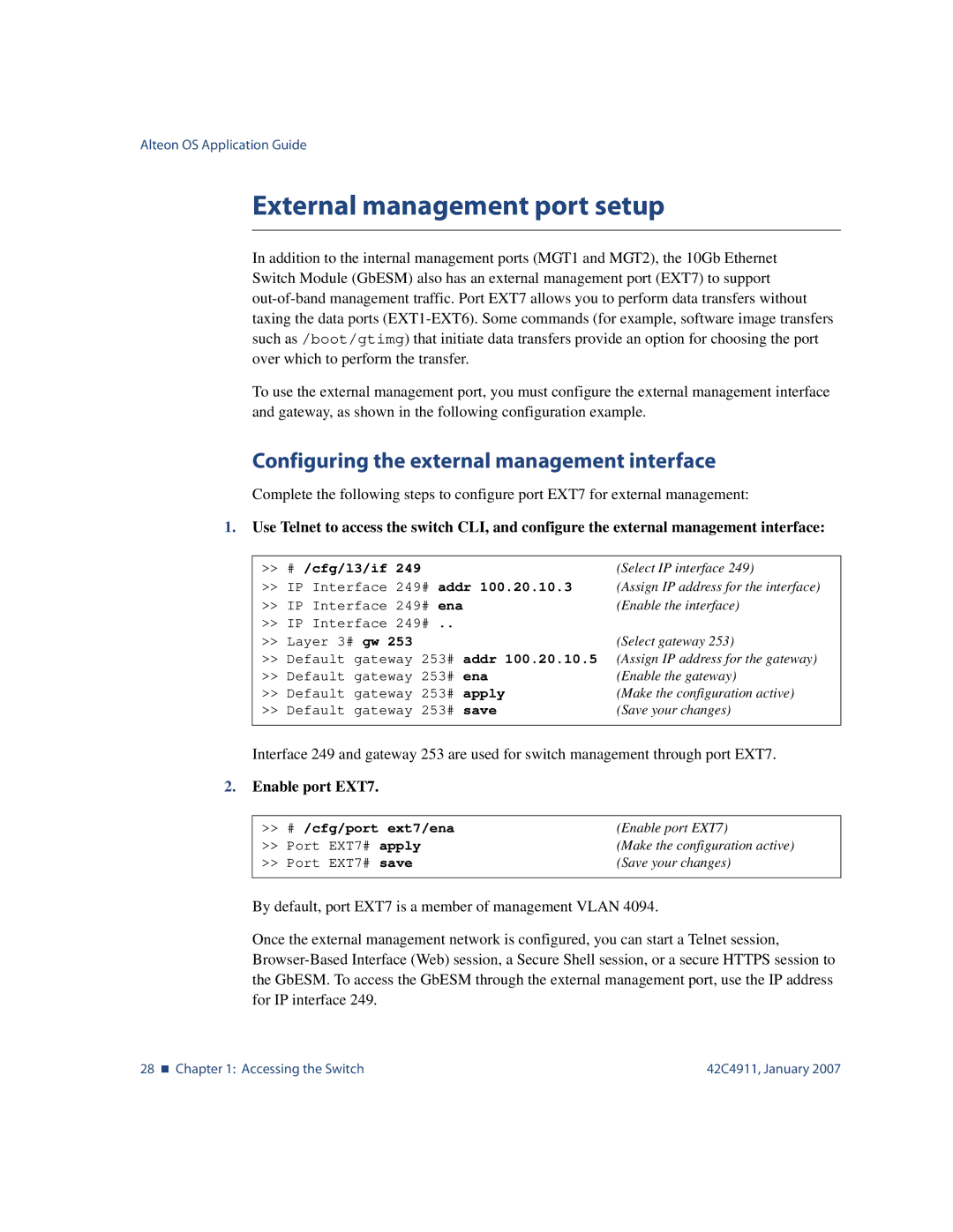 Nortel Networks 42C4911 External management port setup, Configuring the external management interface, Enable port EXT7 