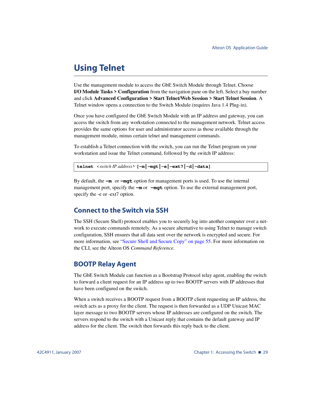 Nortel Networks 42C4911 manual Using Telnet, Connect to the Switch via SSH, Bootp Relay Agent 