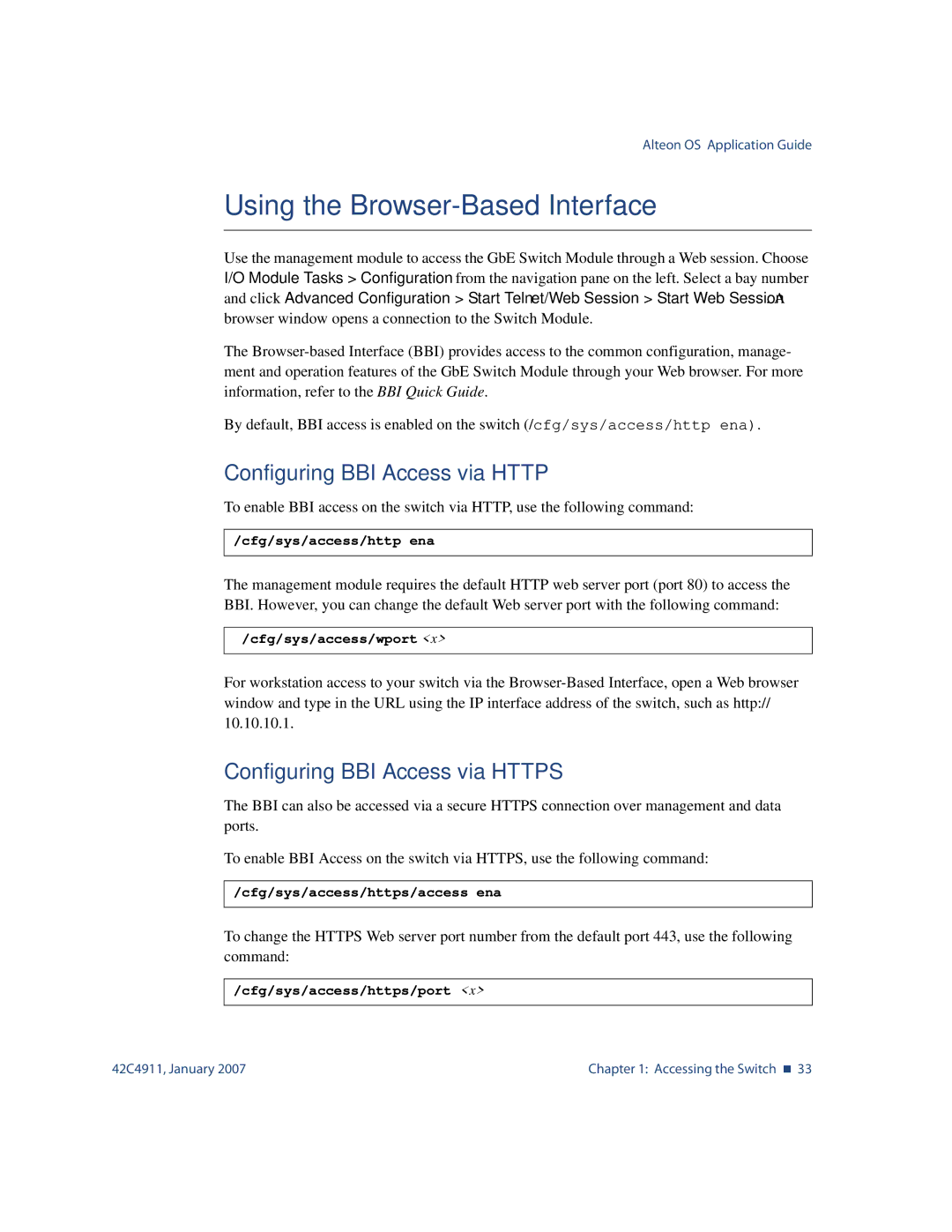 Nortel Networks 42C4911 manual Using the Browser-Based Interface, Configuring BBI Access via Http 