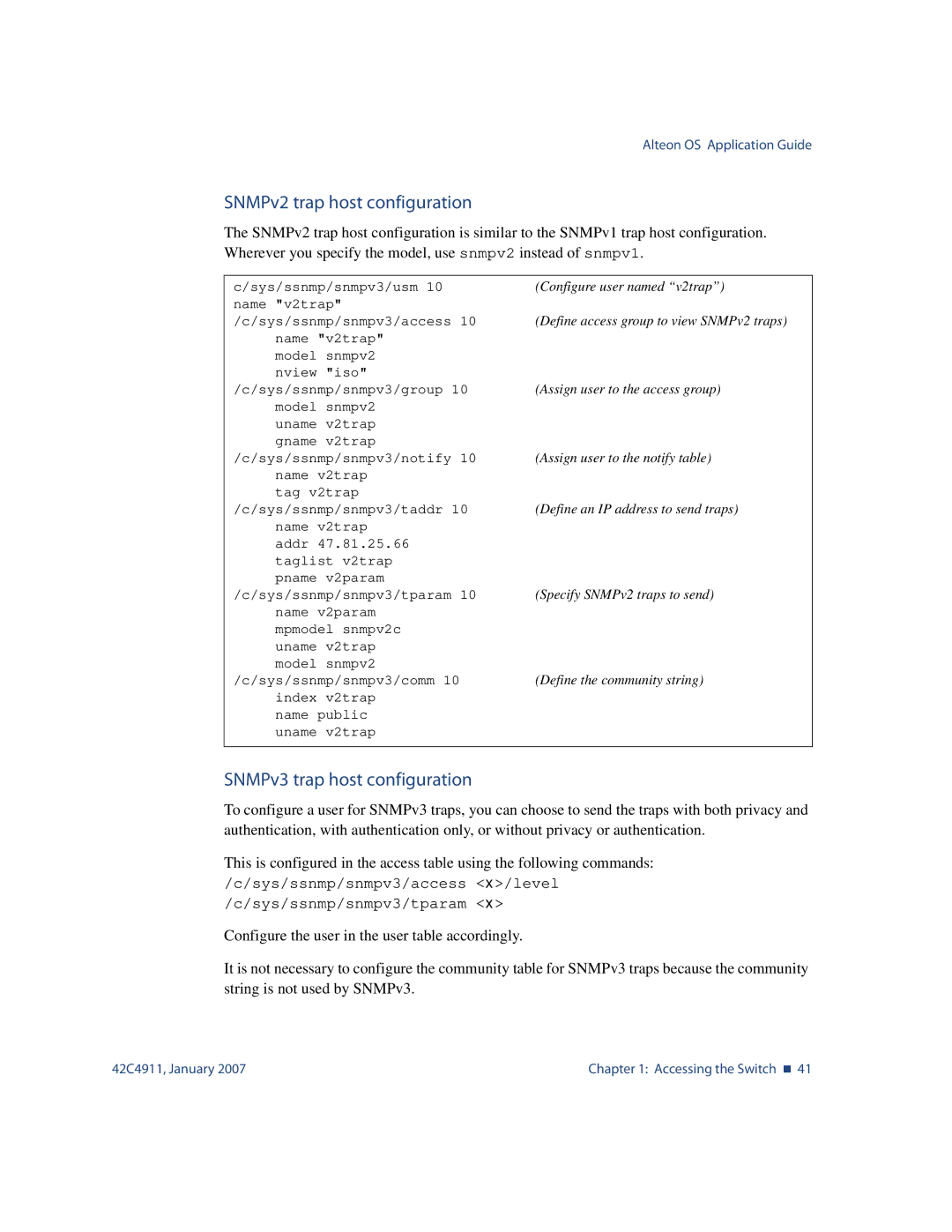 Nortel Networks 42C4911 manual SNMPv2 trap host configuration, SNMPv3 trap host configuration 