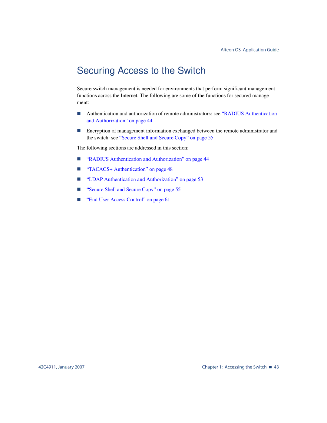 Nortel Networks 42C4911 manual Securing Access to the Switch 