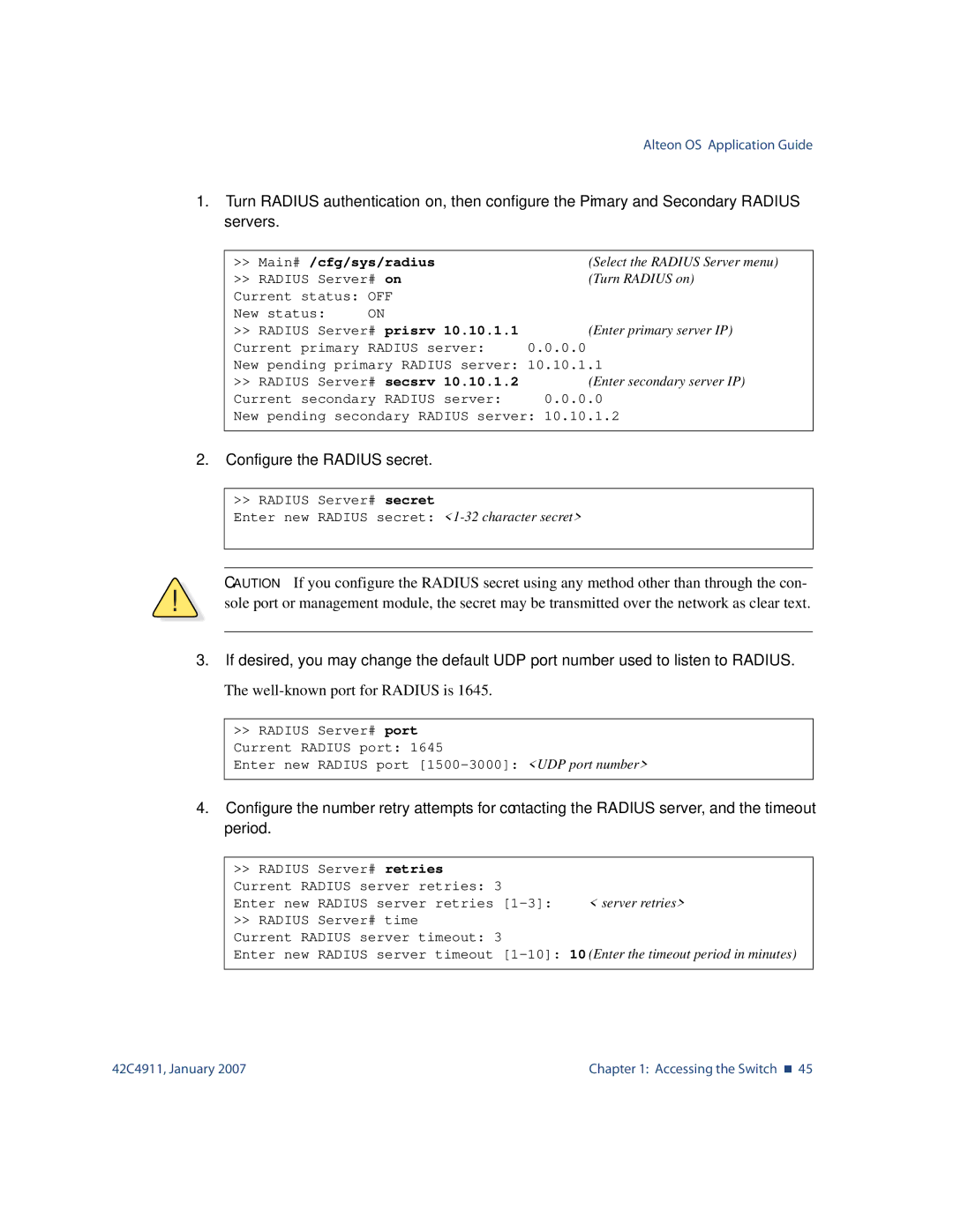 Nortel Networks 42C4911 manual Configure the Radius secret, Main# /cfg/sys/radius, Prisrv, Secsrv 