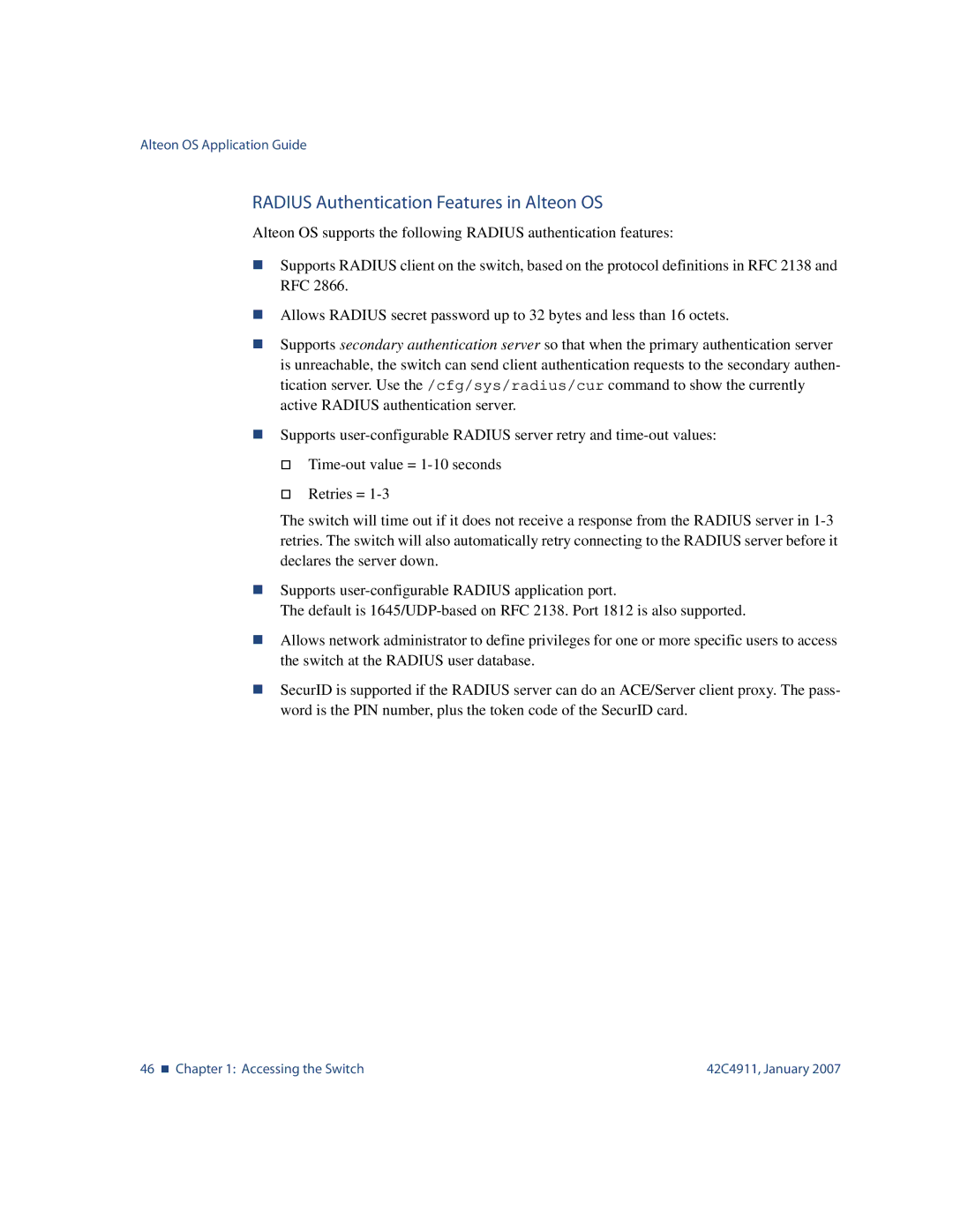 Nortel Networks 42C4911 manual Radius Authentication Features in Alteon OS 