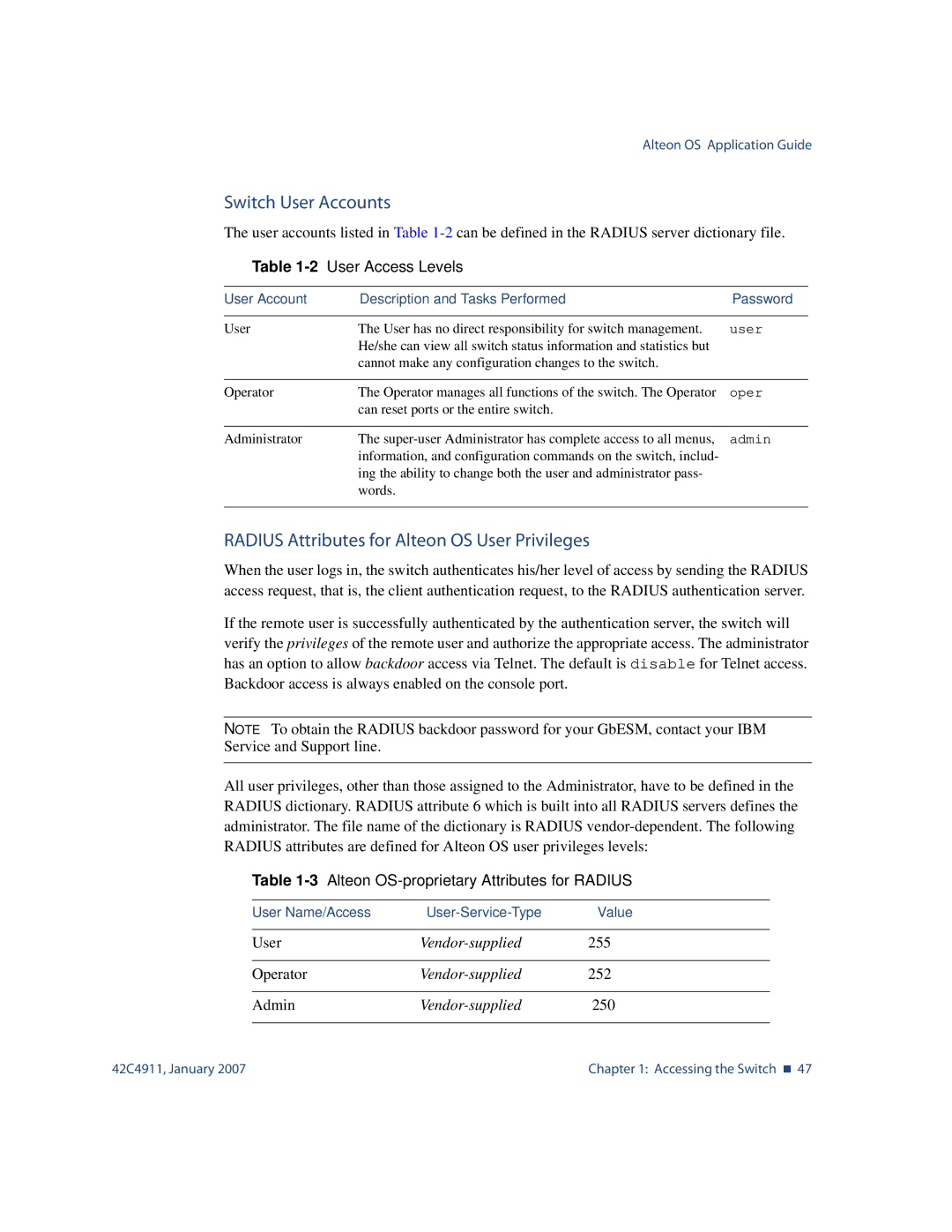 Nortel Networks 42C4911 manual Switch User Accounts, Radius Attributes for Alteon OS User Privileges 