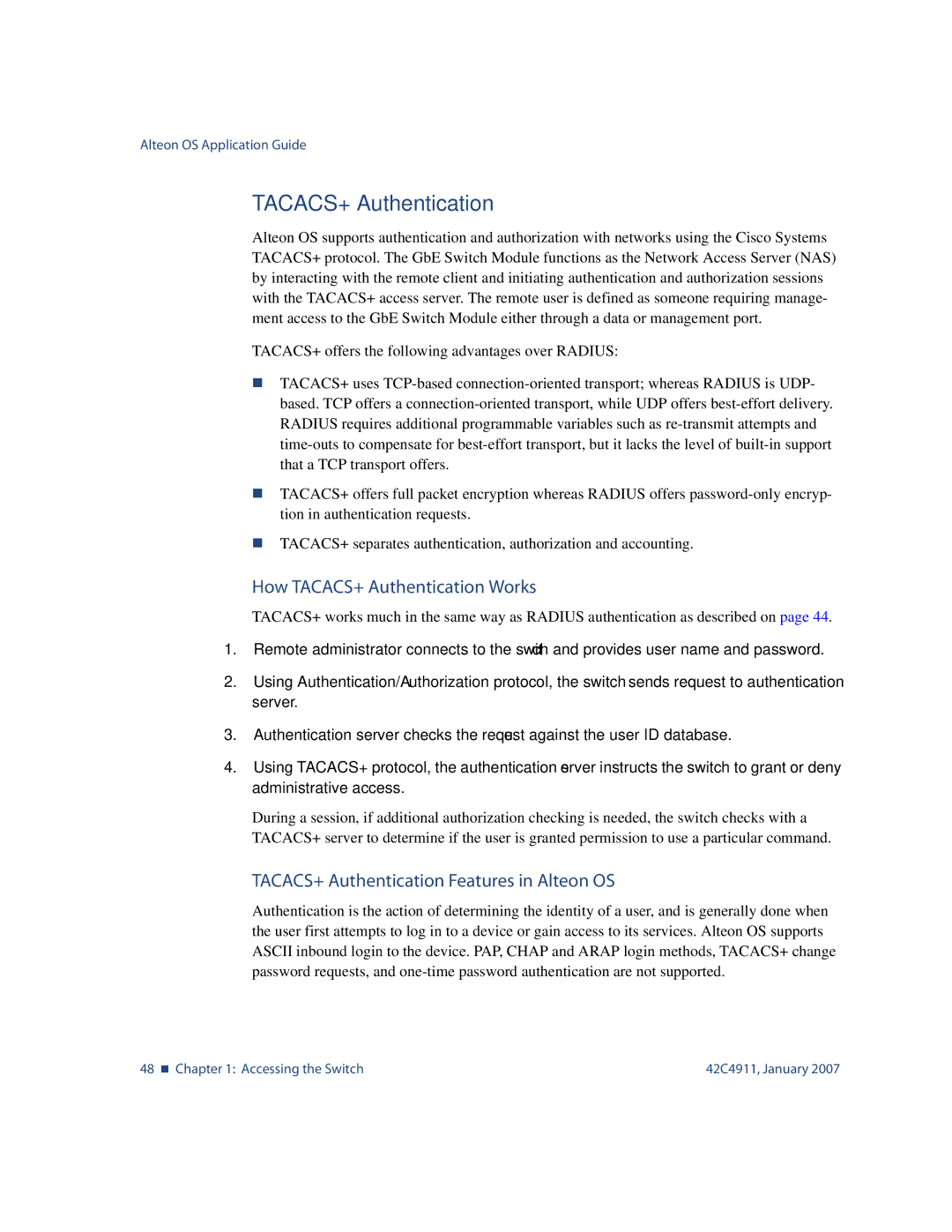 Nortel Networks 42C4911 manual How TACACS+ Authentication Works, TACACS+ Authentication Features in Alteon OS 