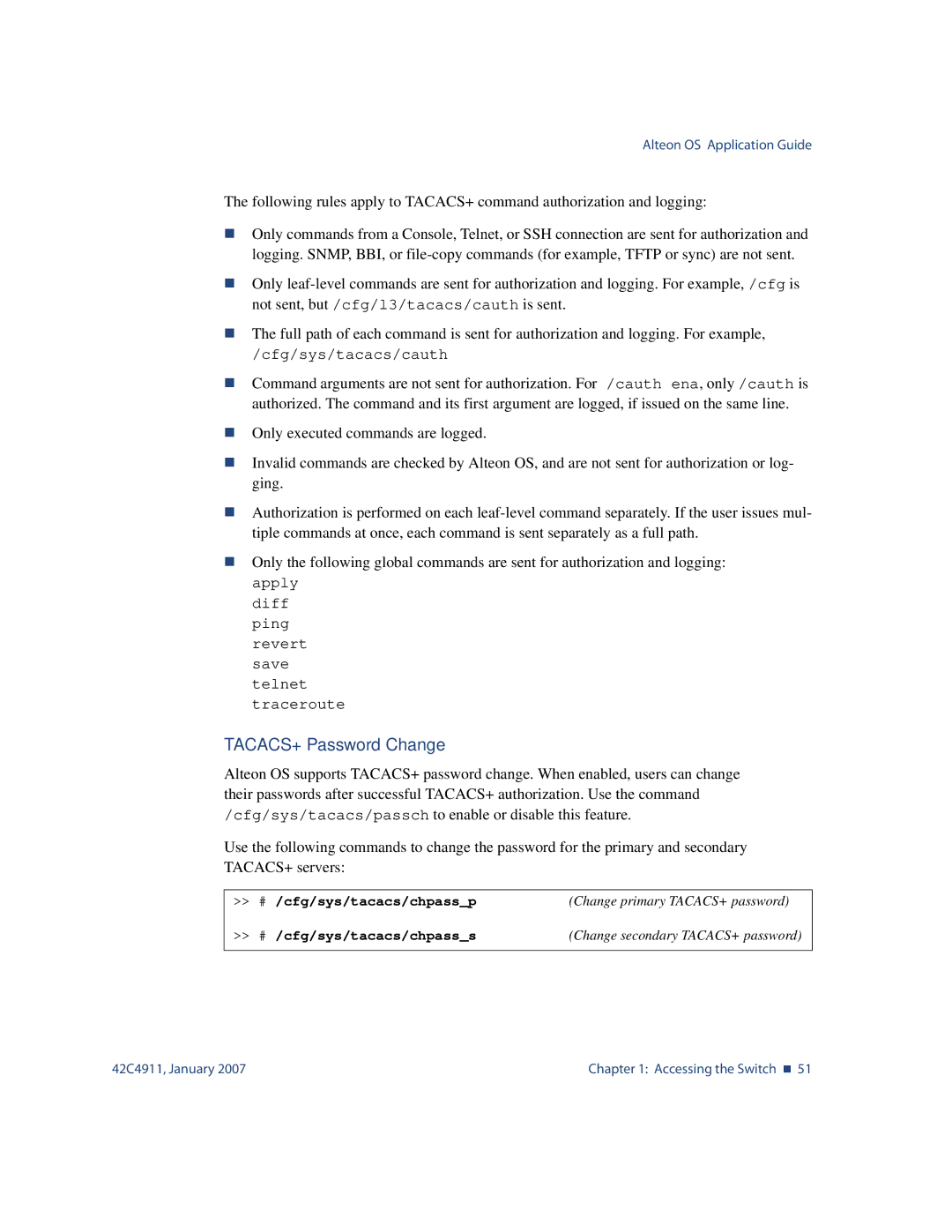 Nortel Networks 42C4911 manual Cfg/sys/tacacs/chpassp, Cfg/sys/tacacs/chpasss 