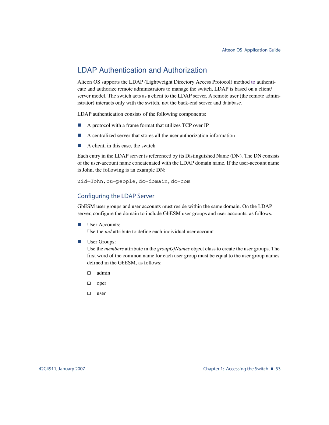 Nortel Networks 42C4911 manual Ldap Authentication and Authorization, Configuring the Ldap Server 