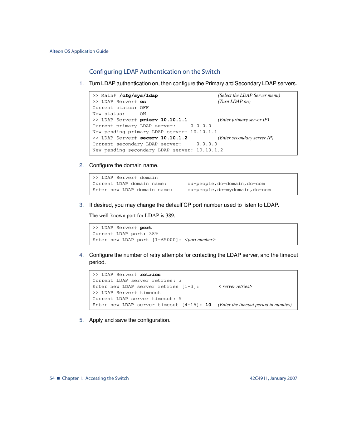 Nortel Networks 42C4911 Configuring Ldap Authentication on the Switch, Configure the domain name, Main# /cfg/sys/ldap 