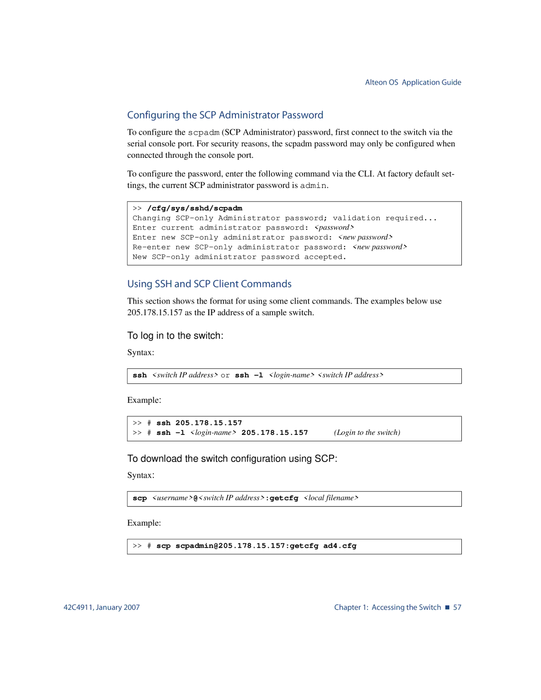 Nortel Networks 42C4911 Configuring the SCP Administrator Password, Using SSH and SCP Client Commands, Cfg/sys/sshd/scpadm 