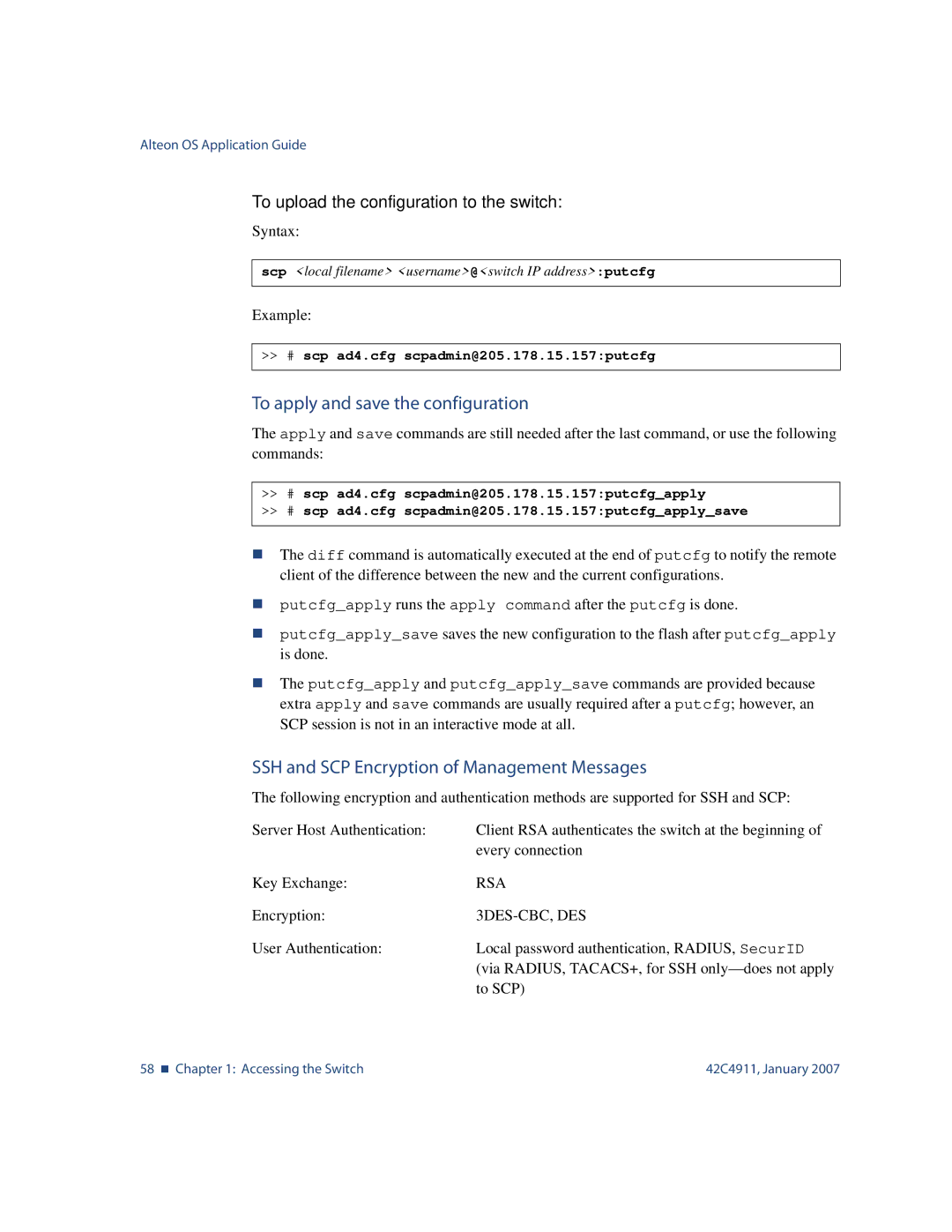 Nortel Networks 42C4911 manual To apply and save the configuration, SSH and SCP Encryption of Management Messages 