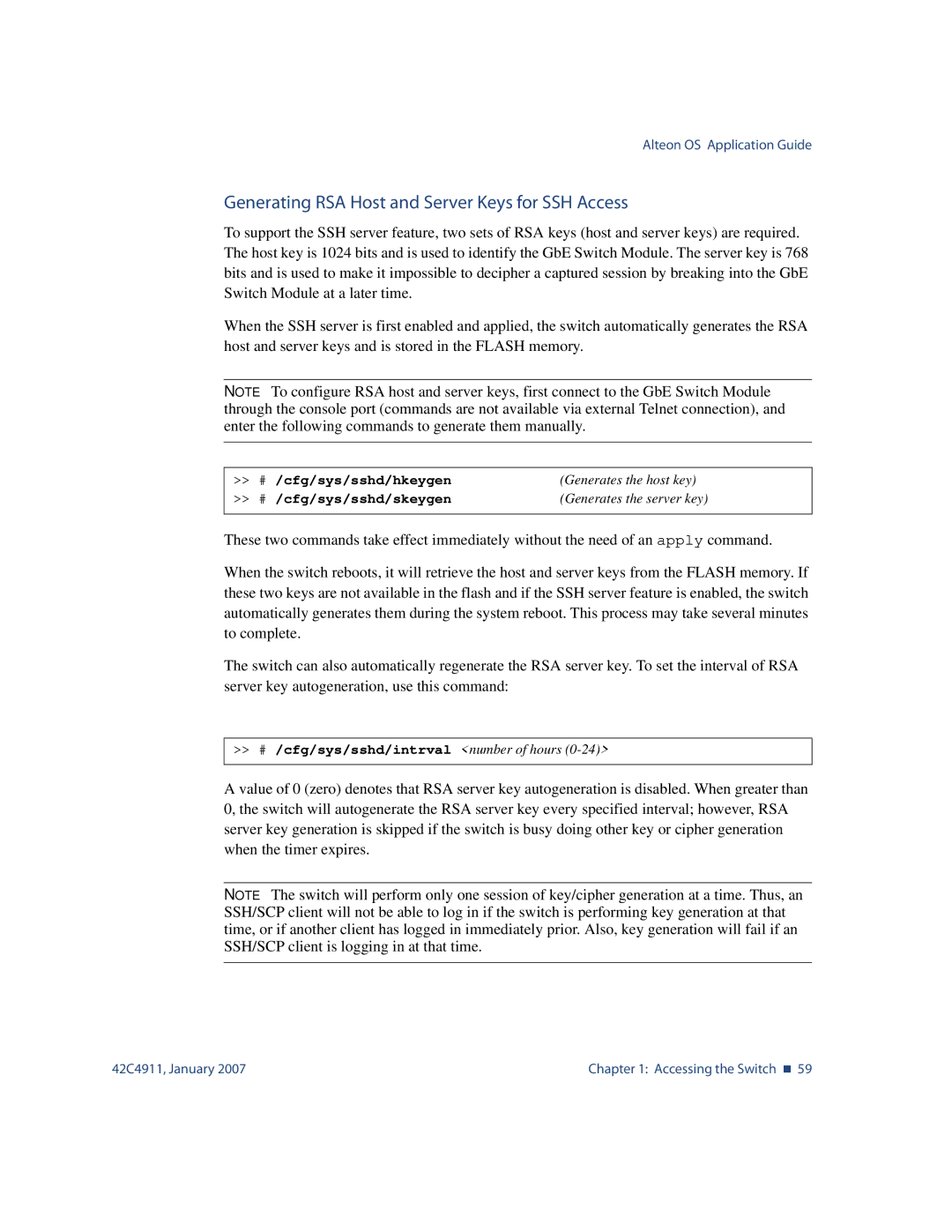 Nortel Networks 42C4911 Generating RSA Host and Server Keys for SSH Access, Cfg/sys/sshd/hkeygen, Cfg/sys/sshd/skeygen 