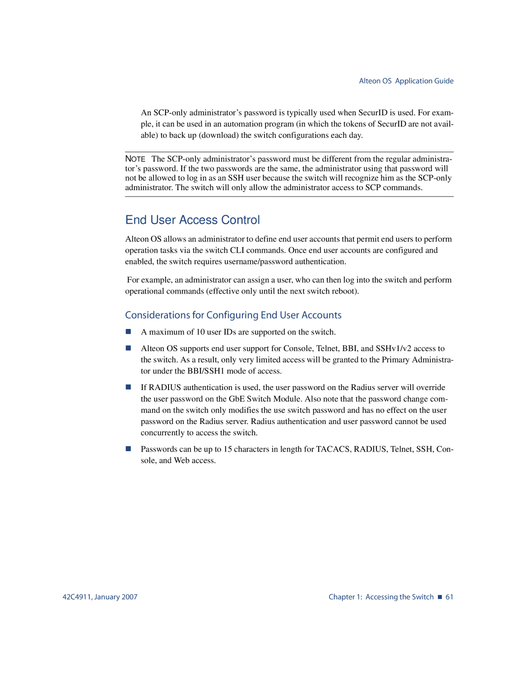 Nortel Networks 42C4911 manual End User Access Control, Considerations for Configuring End User Accounts 