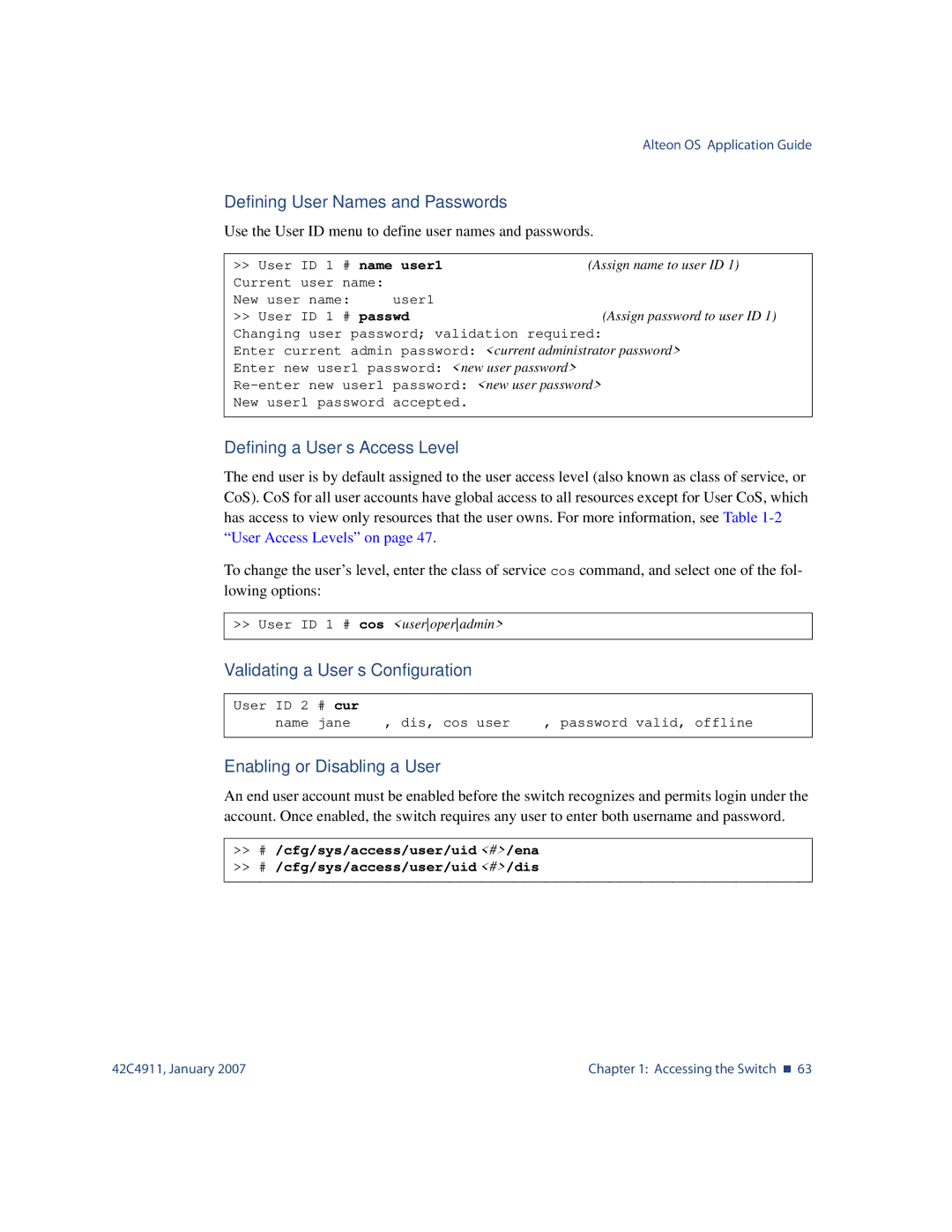 Nortel Networks 42C4911 manual Name user1, Passwd, # cur 