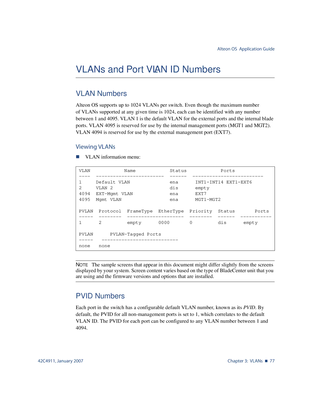 Nortel Networks 42C4911 manual VLANs and Port Vlan ID Numbers, Vlan Numbers, Pvid Numbers, Viewing VLANs 