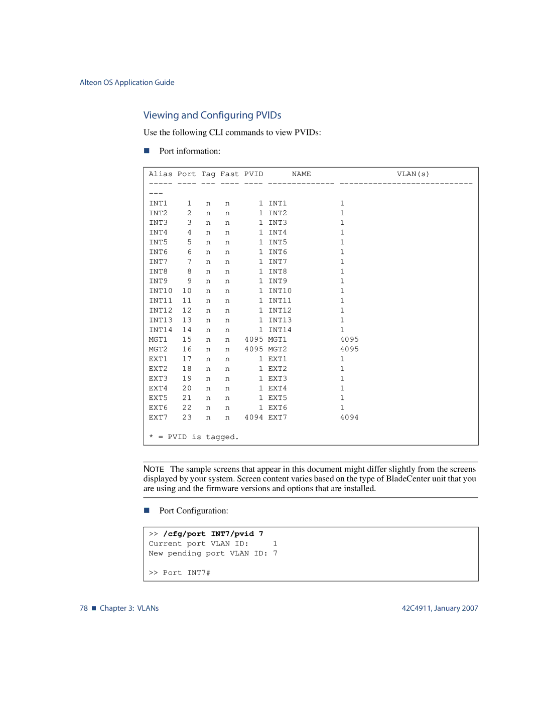 Nortel Networks 42C4911 manual Viewing and Configuring PVIDs, Cfg/port INT7/pvid 