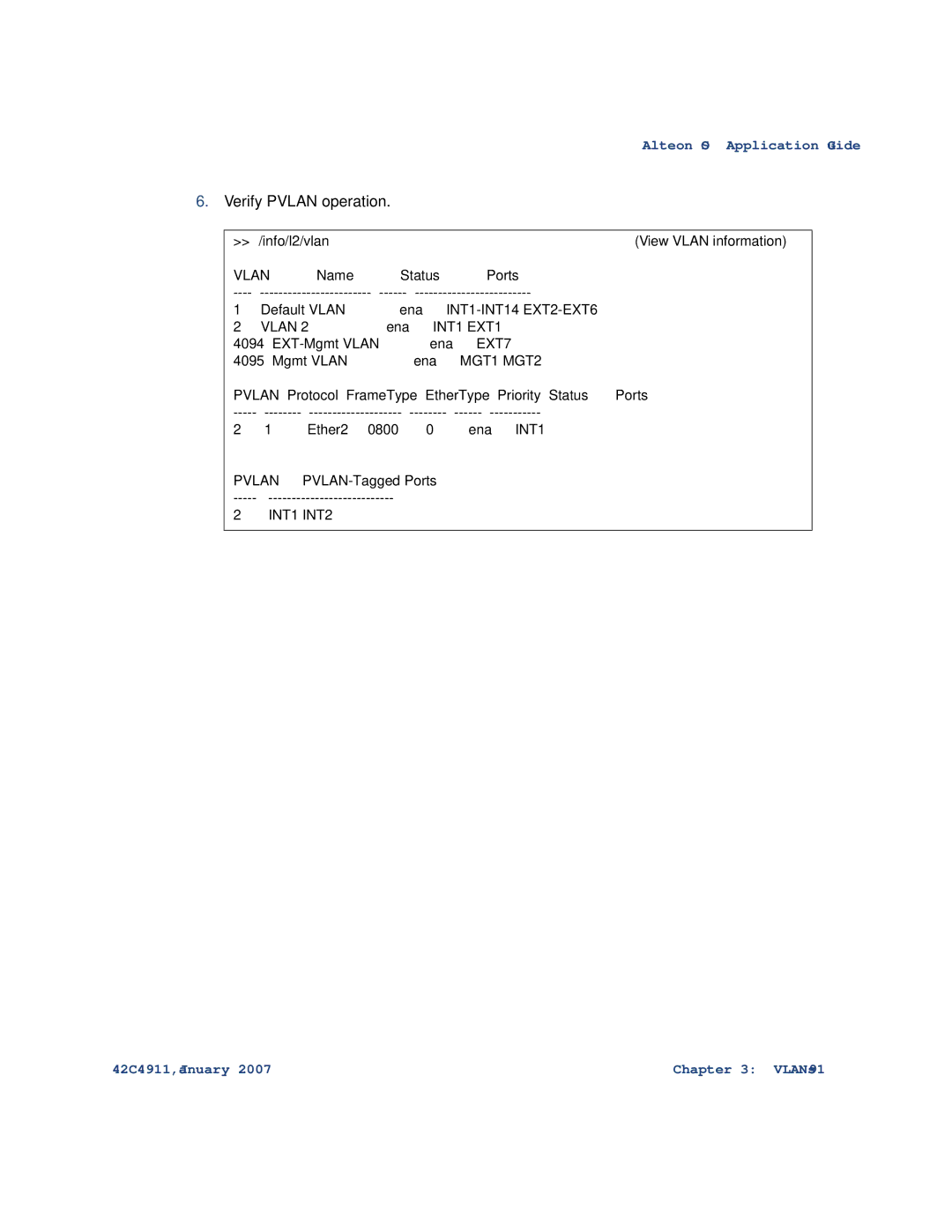 Nortel Networks 42C4911 manual Verify Pvlan operation, Info/l2/vlan 