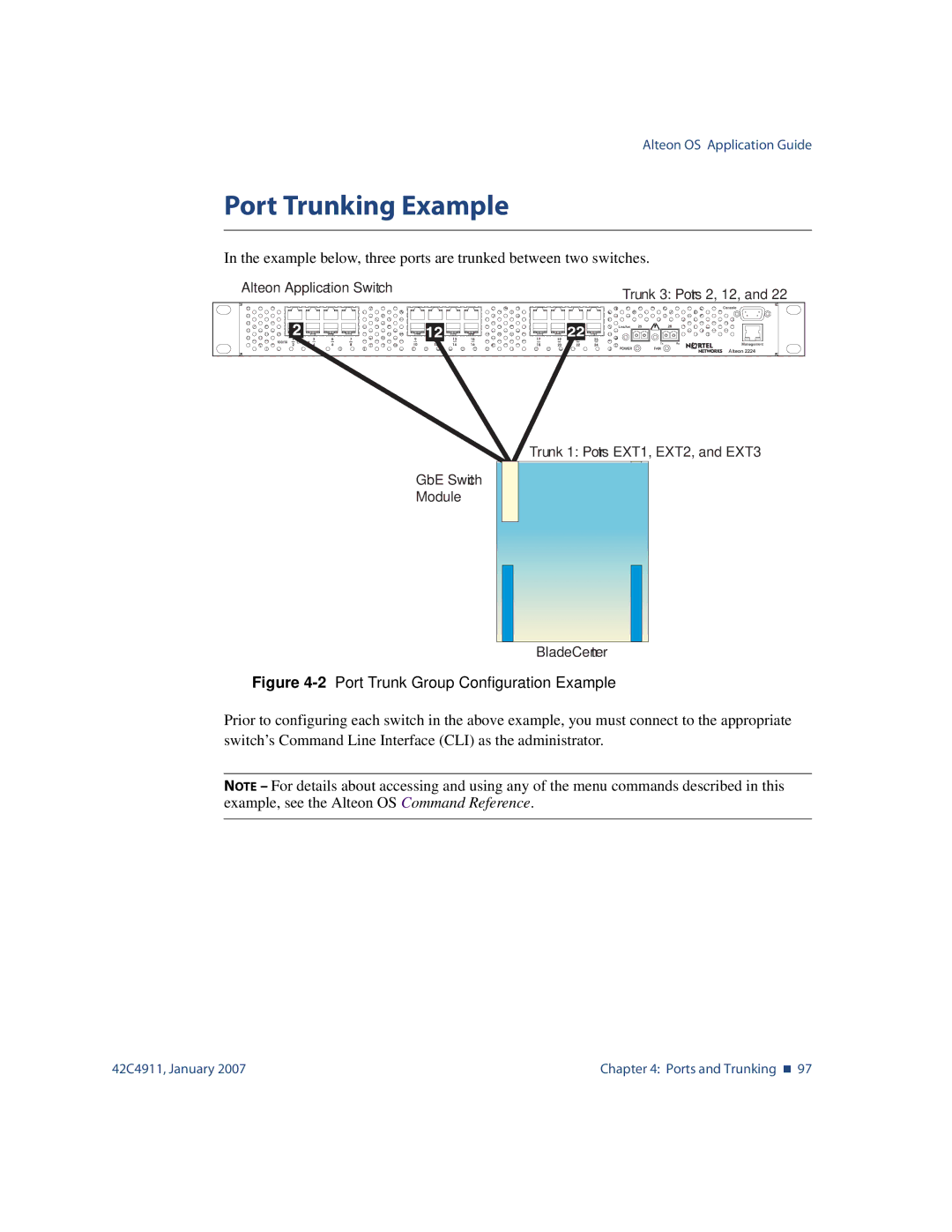 Nortel Networks 42C4911 manual Port Trunking Example, Example below, three ports are trunked between two switches 