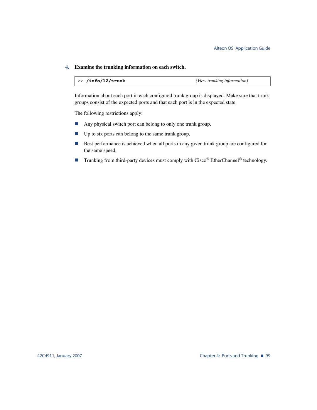 Nortel Networks 42C4911 manual Examine the trunking information on each switch, Info/l2/trunk 