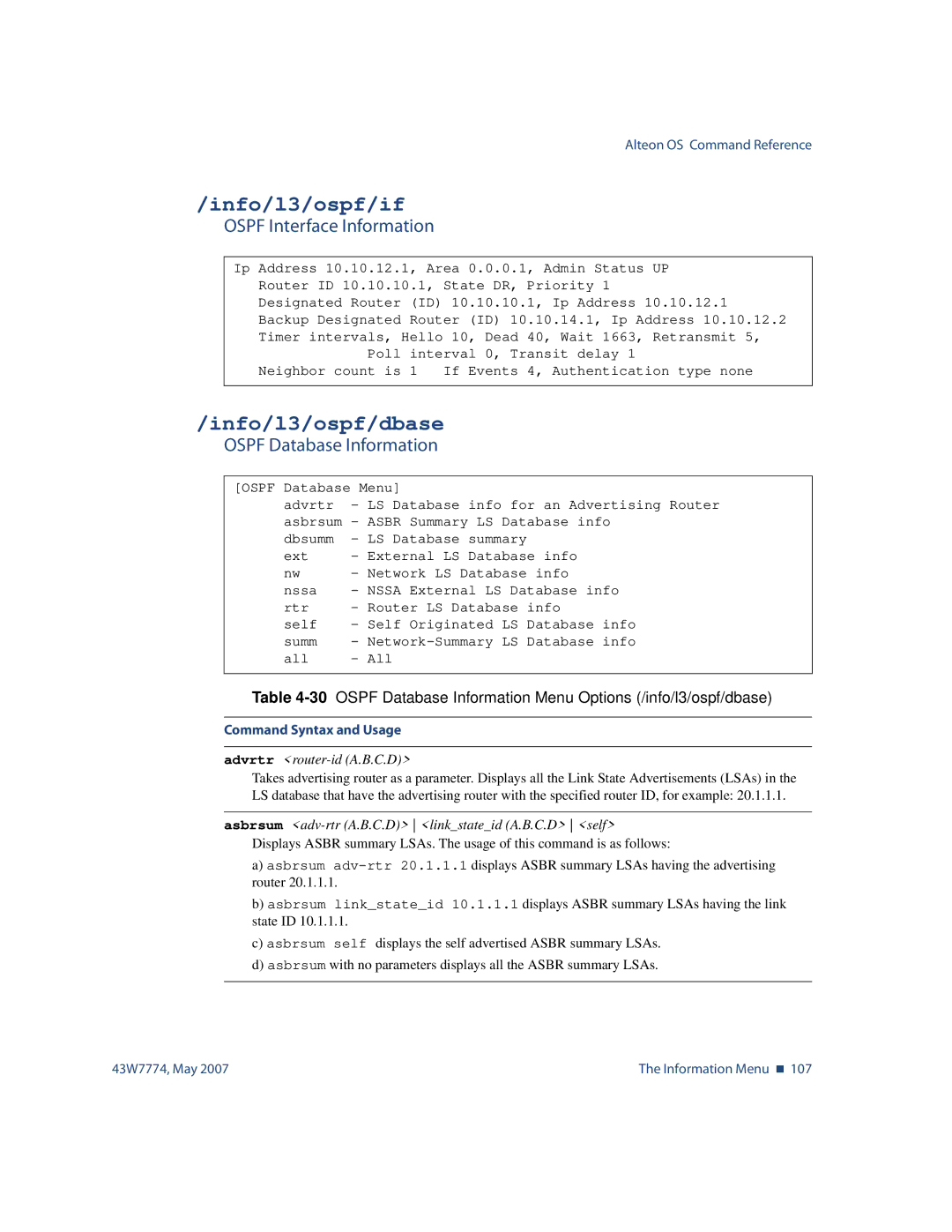 Nortel Networks 43W7774 manual Info/l3/ospf/if, Info/l3/ospf/dbase, Ospf Interface Information, Ospf Database Information 